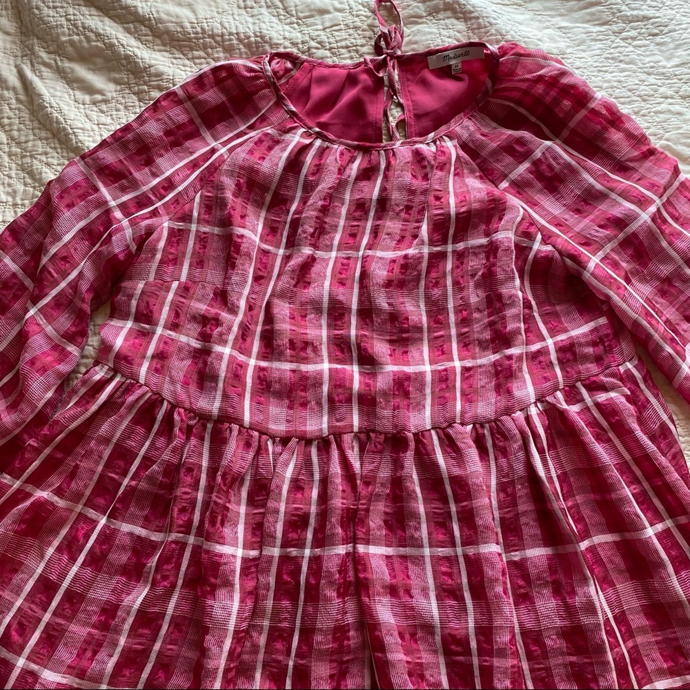 Madewell Pink Plaid Shirred Babydoll Minidress - Picture 4 of 11
